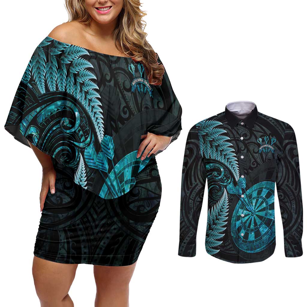 Personalised New Zealand Darts Couples Matching Off Shoulder Short Dress and Long Sleeve Button Shirt Happiness Is A Tight Threesome Maori Paua Shell LT14 Turquoise - Polynesian Pride