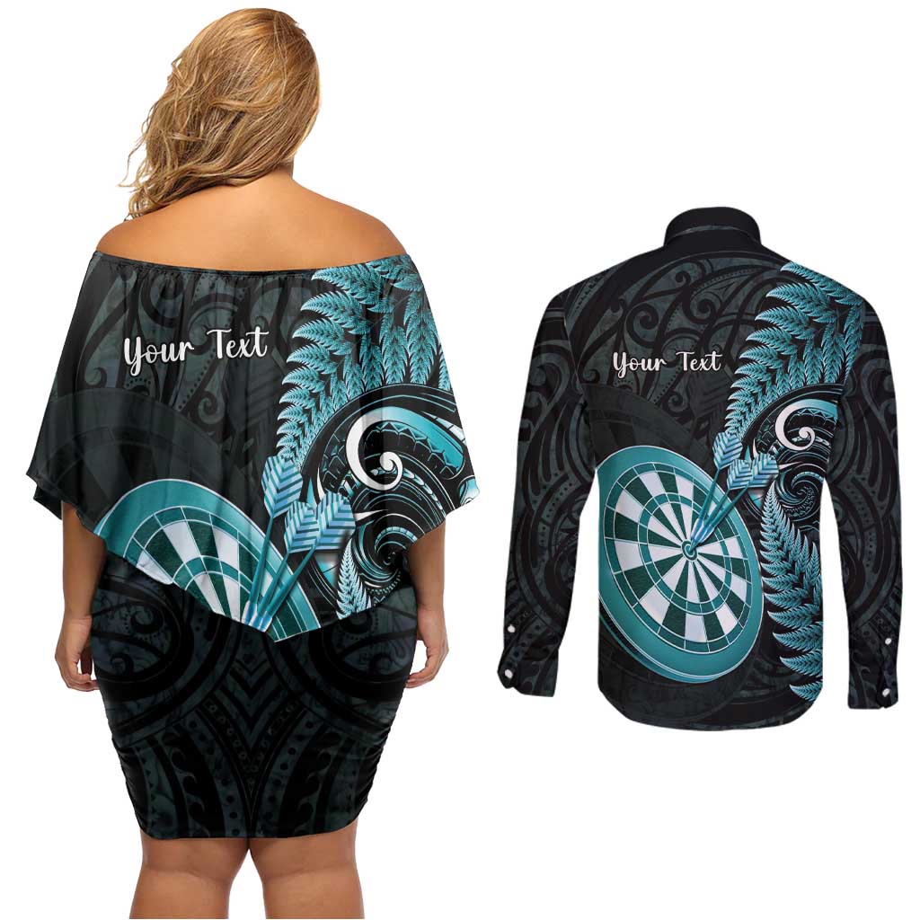 Personalised New Zealand Darts Couples Matching Off Shoulder Short Dress and Long Sleeve Button Shirt Happiness Is A Tight Threesome Maori Paua Shell LT14 - Polynesian Pride