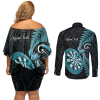 Personalised New Zealand Darts Couples Matching Off Shoulder Short Dress and Long Sleeve Button Shirt Happiness Is A Tight Threesome Maori Paua Shell LT14 - Polynesian Pride