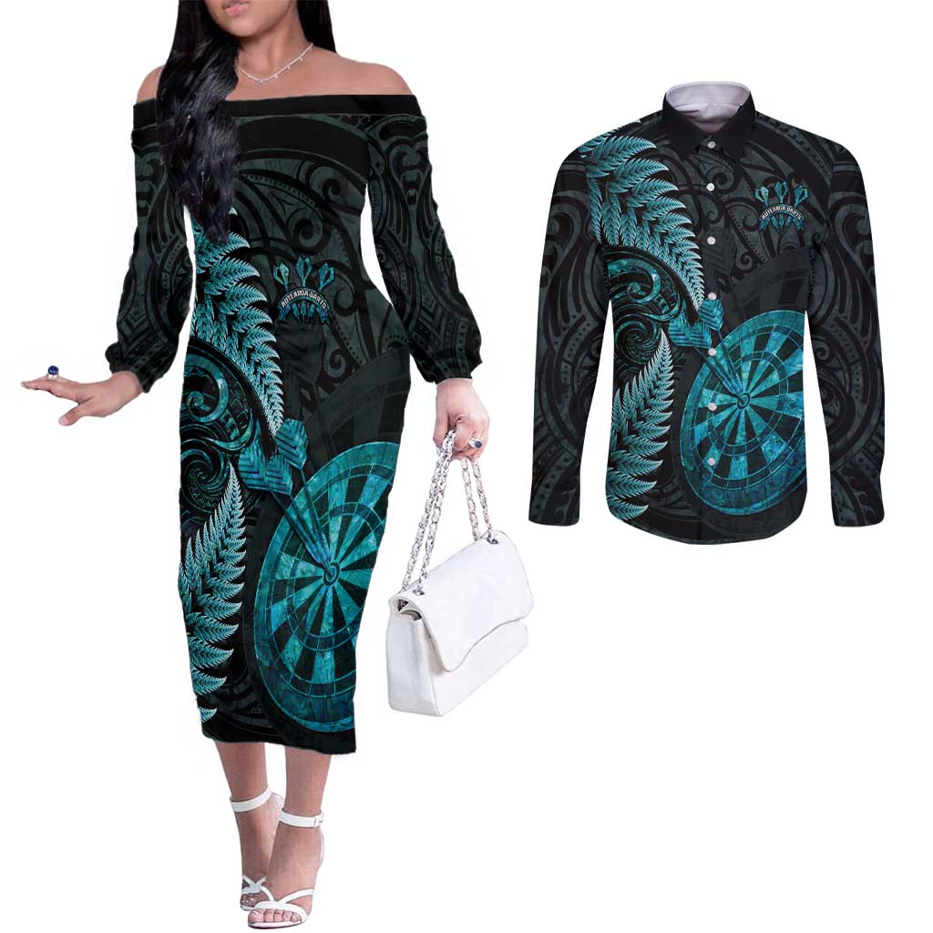 Personalised New Zealand Darts Couples Matching Off The Shoulder Long Sleeve Dress and Long Sleeve Button Shirt Happiness Is A Tight Threesome Maori Paua Shell LT14 Turquoise - Polynesian Pride