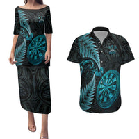 Personalised New Zealand Darts Couples Matching Puletasi and Hawaiian Shirt Happiness Is A Tight Threesome Maori Paua Shell LT14 Turquoise - Polynesian Pride