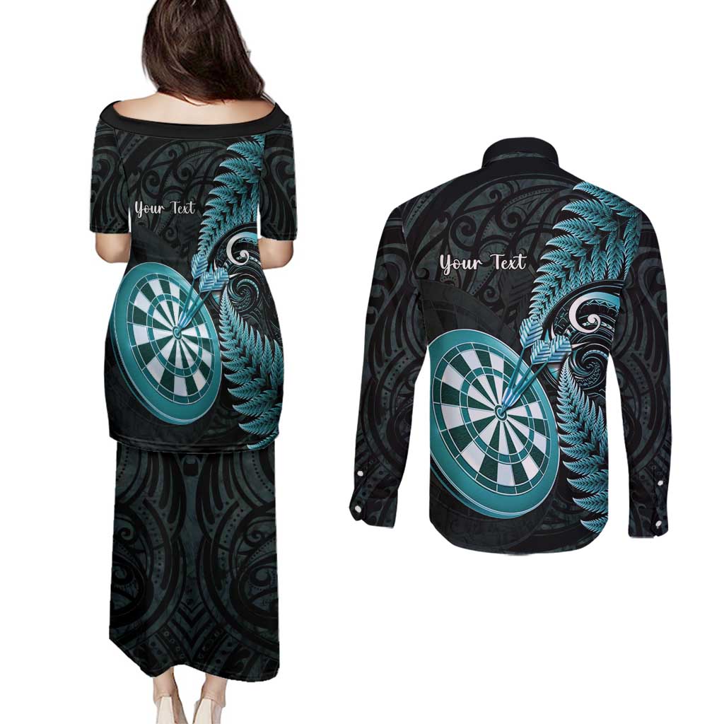 Personalised New Zealand Darts Couples Matching Puletasi and Long Sleeve Button Shirt Happiness Is A Tight Threesome Maori Paua Shell LT14 - Polynesian Pride