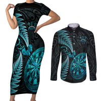 Personalised New Zealand Darts Couples Matching Short Sleeve Bodycon Dress and Long Sleeve Button Shirt Happiness Is A Tight Threesome Maori Paua Shell LT14 Turquoise - Polynesian Pride