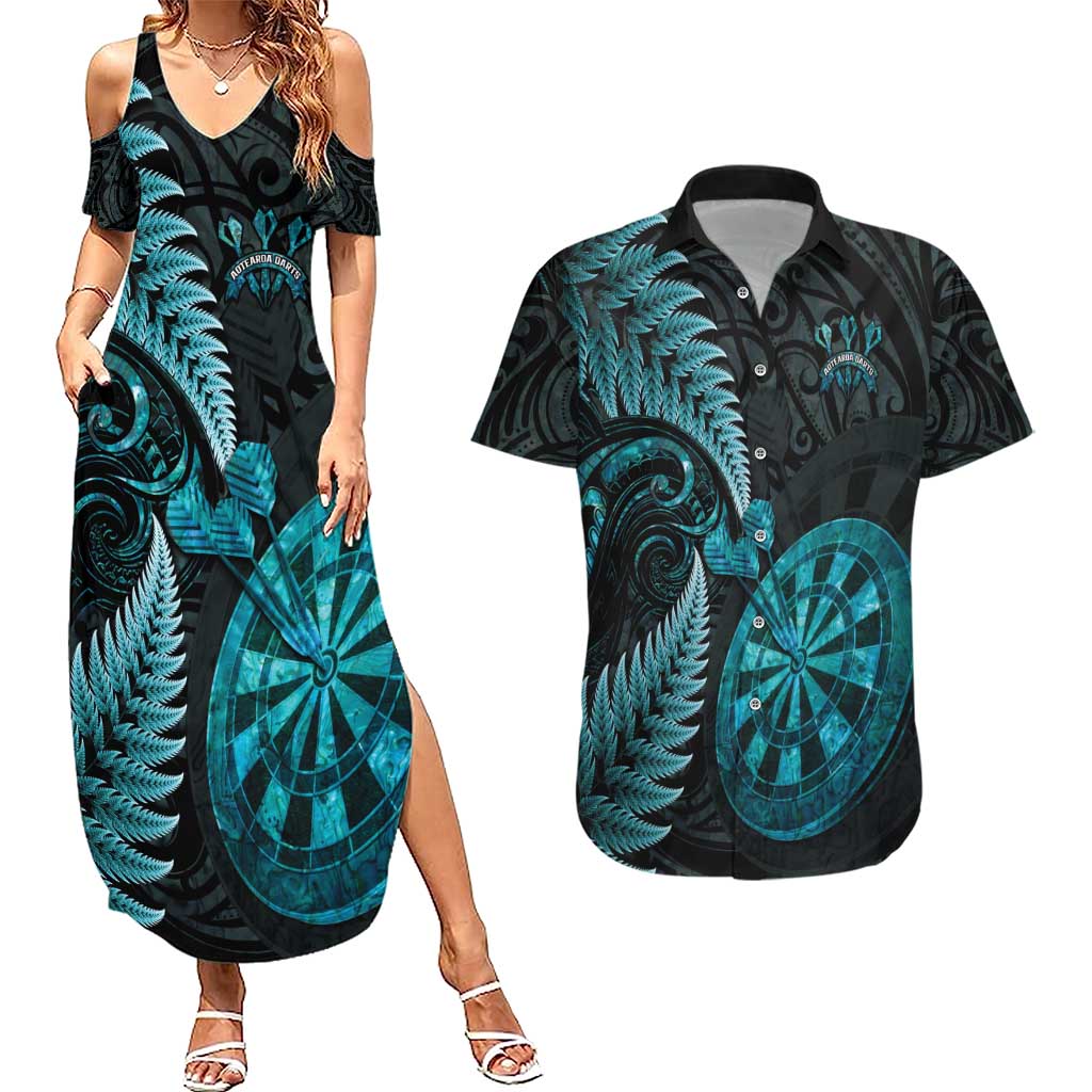 Personalised New Zealand Darts Couples Matching Summer Maxi Dress and Hawaiian Shirt Happiness Is A Tight Threesome Maori Paua Shell LT14 Turquoise - Polynesian Pride