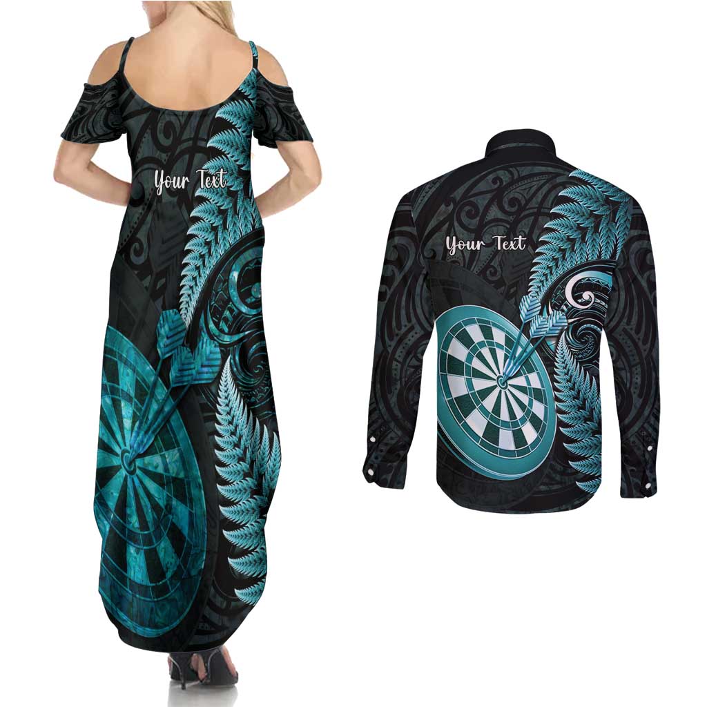 Personalised New Zealand Darts Couples Matching Summer Maxi Dress and Long Sleeve Button Shirt Happiness Is A Tight Threesome Maori Paua Shell LT14 - Polynesian Pride