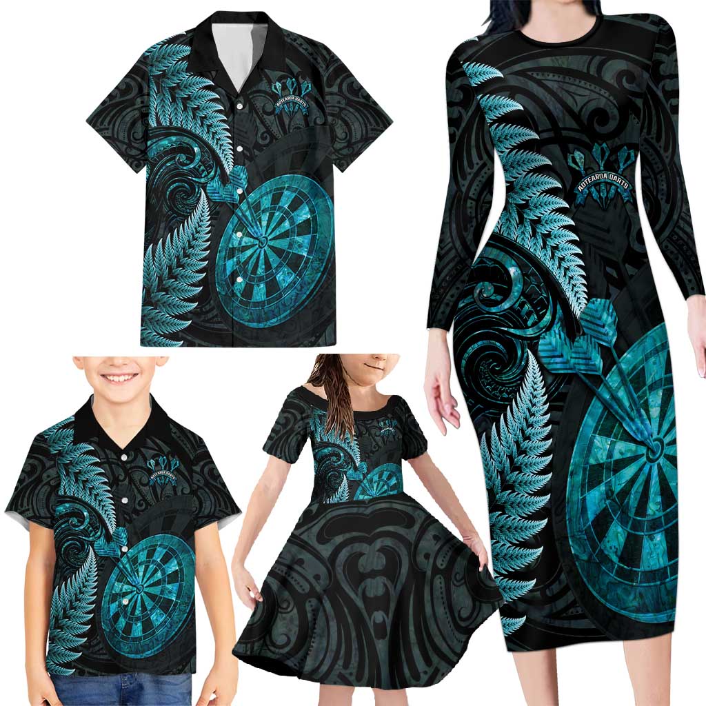 Personalised New Zealand Darts Family Matching Long Sleeve Bodycon Dress and Hawaiian Shirt Happiness Is A Tight Threesome Maori Paua Shell LT14 - Polynesian Pride