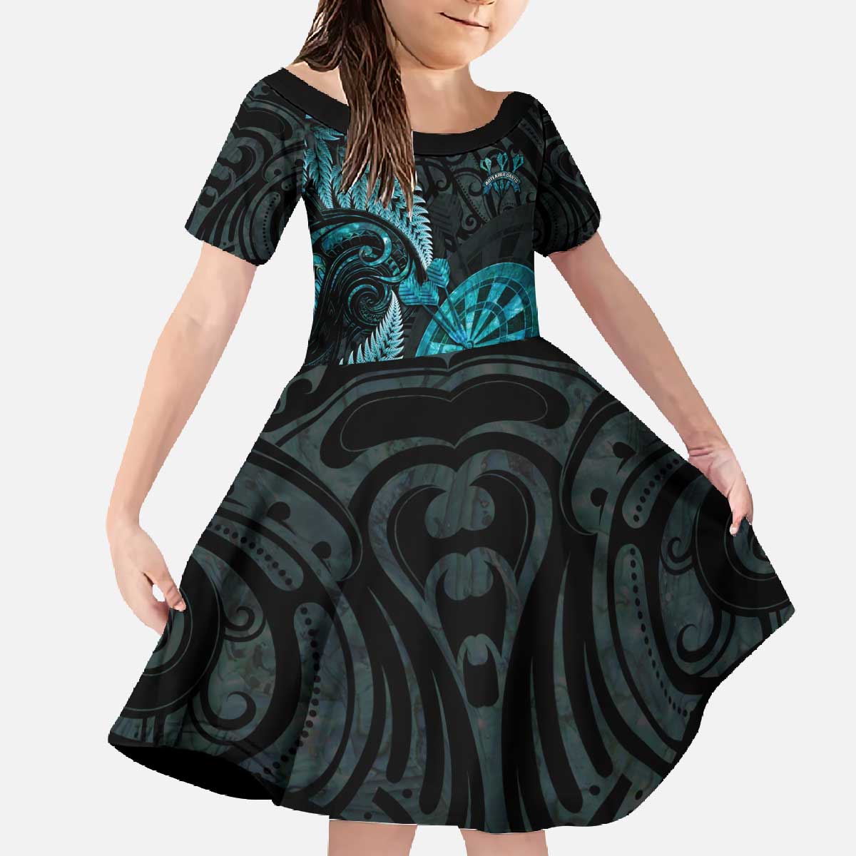 Personalised New Zealand Darts Family Matching Off The Shoulder Long Sleeve Dress and Hawaiian Shirt Happiness Is A Tight Threesome Maori Paua Shell LT14 Daughter's Dress Turquoise - Polynesian Pride