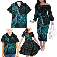 Personalised New Zealand Darts Family Matching Off The Shoulder Long Sleeve Dress and Hawaiian Shirt Happiness Is A Tight Threesome Maori Paua Shell LT14 - Polynesian Pride