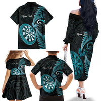 Personalised New Zealand Darts Family Matching Off The Shoulder Long Sleeve Dress and Hawaiian Shirt Happiness Is A Tight Threesome Maori Paua Shell LT14 - Polynesian Pride