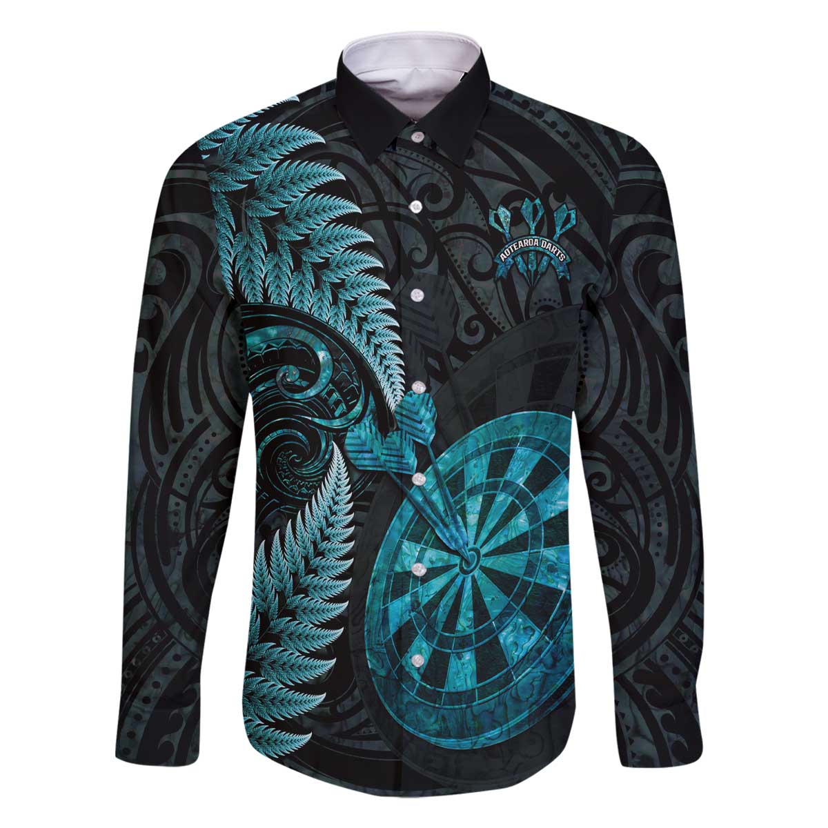 Personalised New Zealand Darts Family Matching Off The Shoulder Long Sleeve Dress and Hawaiian Shirt Happiness Is A Tight Threesome Maori Paua Shell LT14 Dad's Shirt - Long Sleeve Turquoise - Polynesian Pride