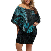 Personalised New Zealand Darts Family Matching Off Shoulder Short Dress and Hawaiian Shirt Happiness Is A Tight Threesome Maori Paua Shell LT14 Mom's Dress Turquoise - Polynesian Pride
