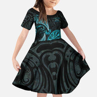 Personalised New Zealand Darts Family Matching Puletasi and Hawaiian Shirt Happiness Is A Tight Threesome Maori Paua Shell LT14 Daughter's Dress Turquoise - Polynesian Pride