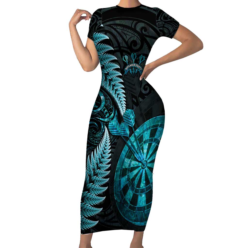Personalised New Zealand Darts Family Matching Short Sleeve Bodycon Dress and Hawaiian Shirt Happiness Is A Tight Threesome Maori Paua Shell LT14 Mom's Dress Turquoise - Polynesian Pride