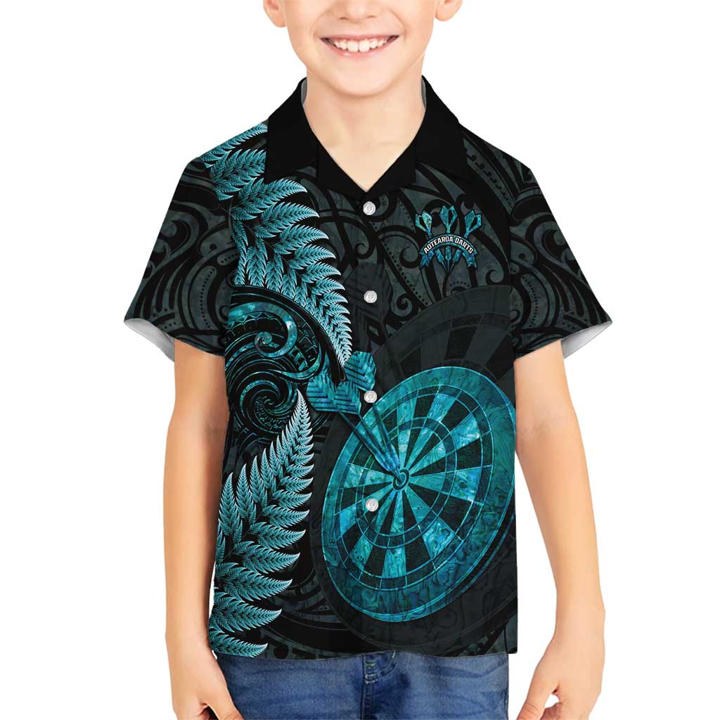 Personalised New Zealand Darts Family Matching Summer Maxi Dress and Hawaiian Shirt Happiness Is A Tight Threesome Maori Paua Shell LT14 Son's Shirt Turquoise - Polynesian Pride