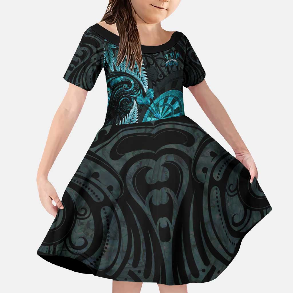 Personalised New Zealand Darts Family Matching Tank Maxi Dress and Hawaiian Shirt Happiness Is A Tight Threesome Maori Paua Shell LT14 Daughter's Dress Turquoise - Polynesian Pride