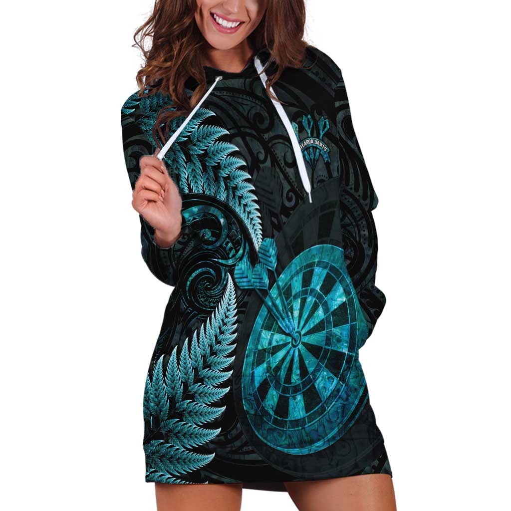 Personalised New Zealand Darts Hoodie Dress Happiness Is A Tight Threesome Maori Paua Shell LT14 Turquoise - Polynesian Pride