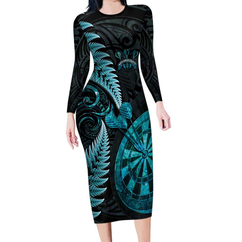 Personalised New Zealand Darts Long Sleeve Bodycon Dress Happiness Is A Tight Threesome Maori Paua Shell LT14 Long Dress Turquoise - Polynesian Pride