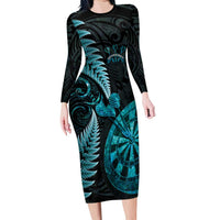 Personalised New Zealand Darts Long Sleeve Bodycon Dress Happiness Is A Tight Threesome Maori Paua Shell LT14 Long Dress Turquoise - Polynesian Pride