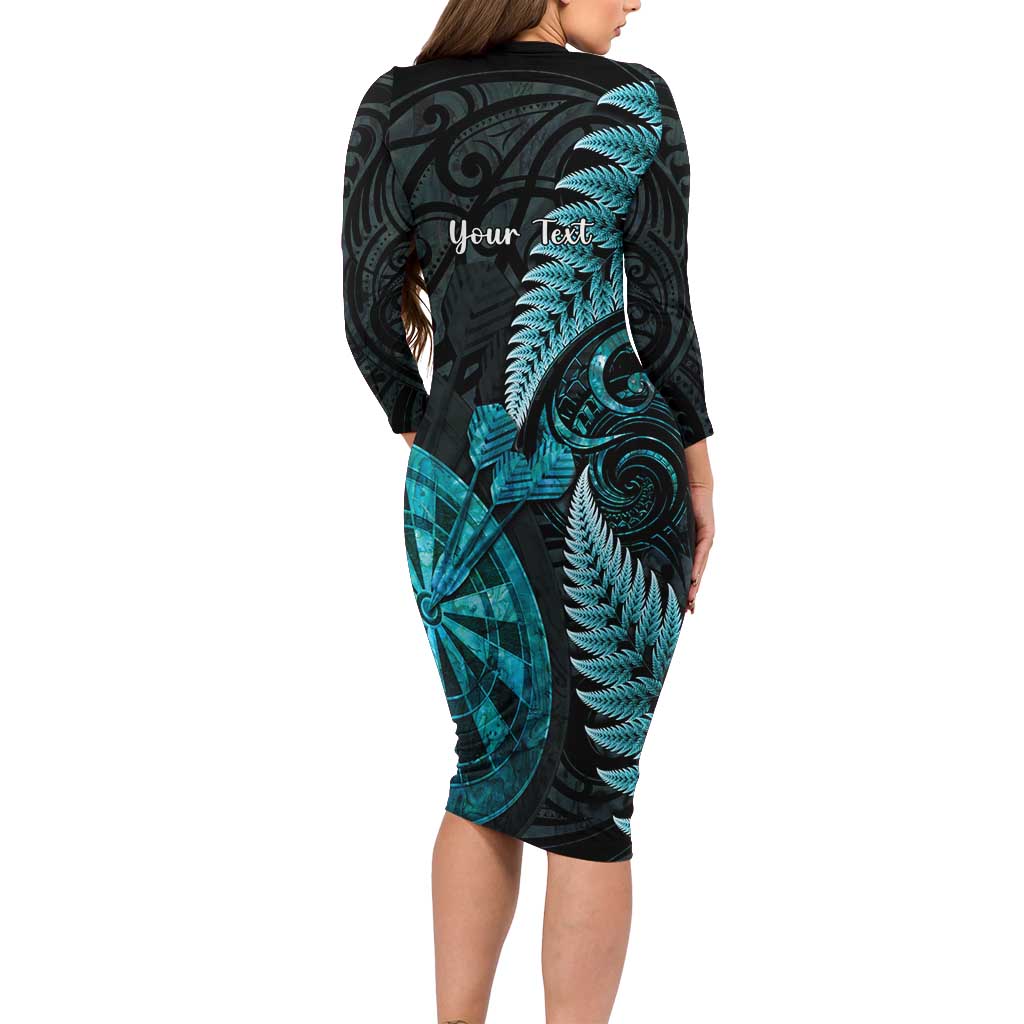 Personalised New Zealand Darts Long Sleeve Bodycon Dress Happiness Is A Tight Threesome Maori Paua Shell LT14 - Polynesian Pride
