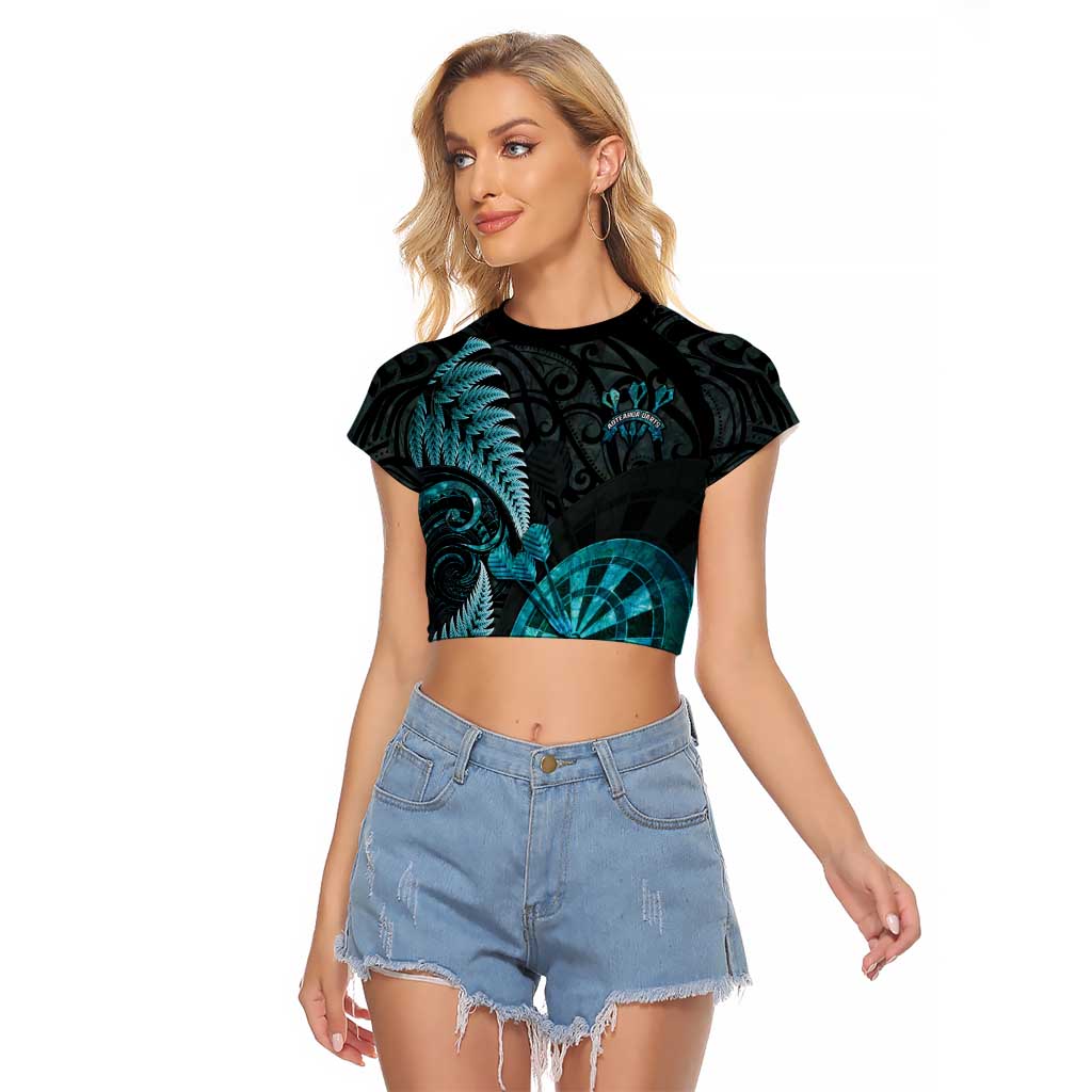 Personalised New Zealand Darts Raglan Cropped T Shirt Happiness Is A Tight Threesome Maori Paua Shell LT14 Female Turquoise - Polynesian Pride