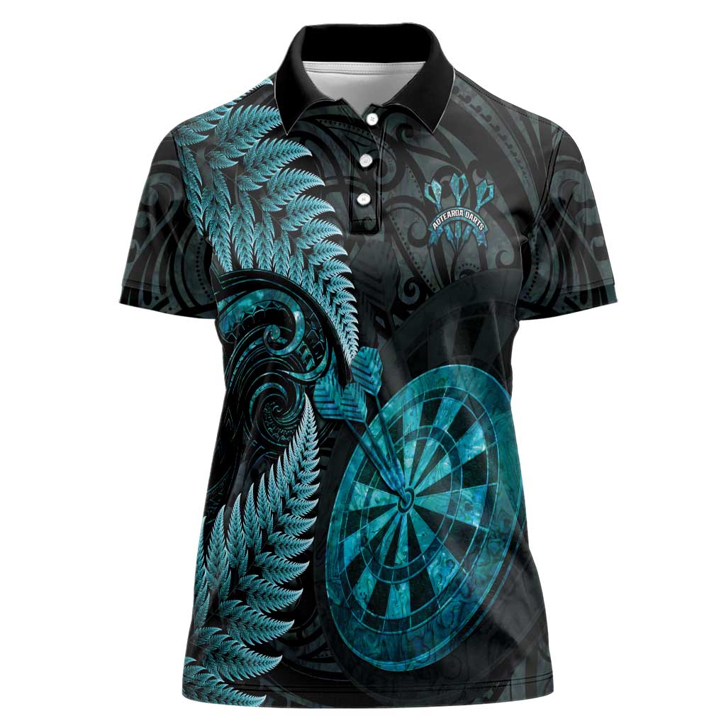 Personalised New Zealand Darts Women Polo Shirt Happiness Is A Tight Threesome Maori Paua Shell LT14 Female Turquoise - Polynesian Pride