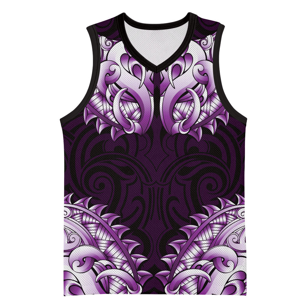 New Zealand Ta Moko Basketball Jersey Aotearoa Maori Chest Tattoo Purple LT14 Unisex Purple - Polynesian Pride