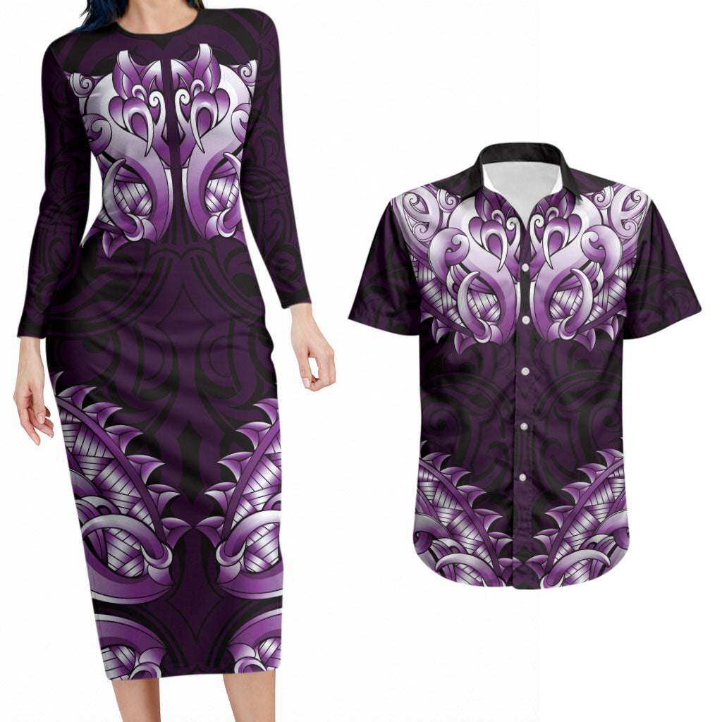 New Zealand Ta Moko Couples Matching Long Sleeve Bodycon Dress and Hawaiian Shirt Aotearoa Maori Chest Tattoo Purple