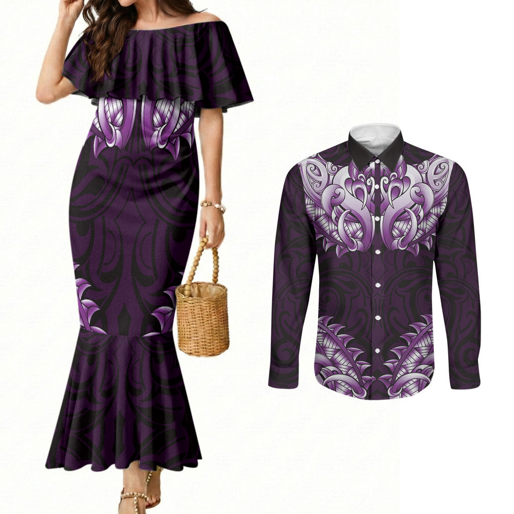 New Zealand Ta Moko Couples Matching Mermaid Dress and Long Sleeve Button Shirt Aotearoa Maori Chest Tattoo Purple LT14 Purple - Polynesian Pride