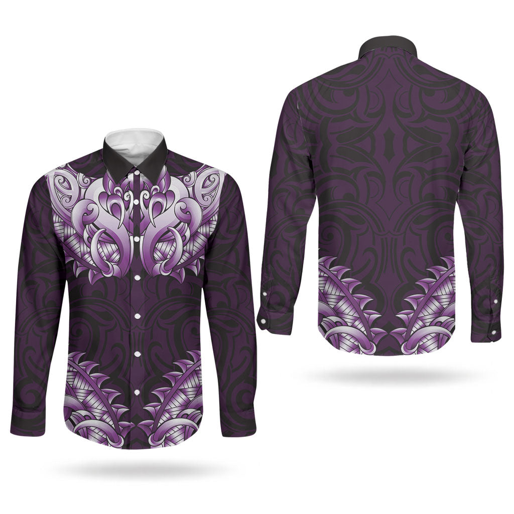 New Zealand Ta Moko Couples Matching Mermaid Dress and Long Sleeve Button Shirt Aotearoa Maori Chest Tattoo Purple