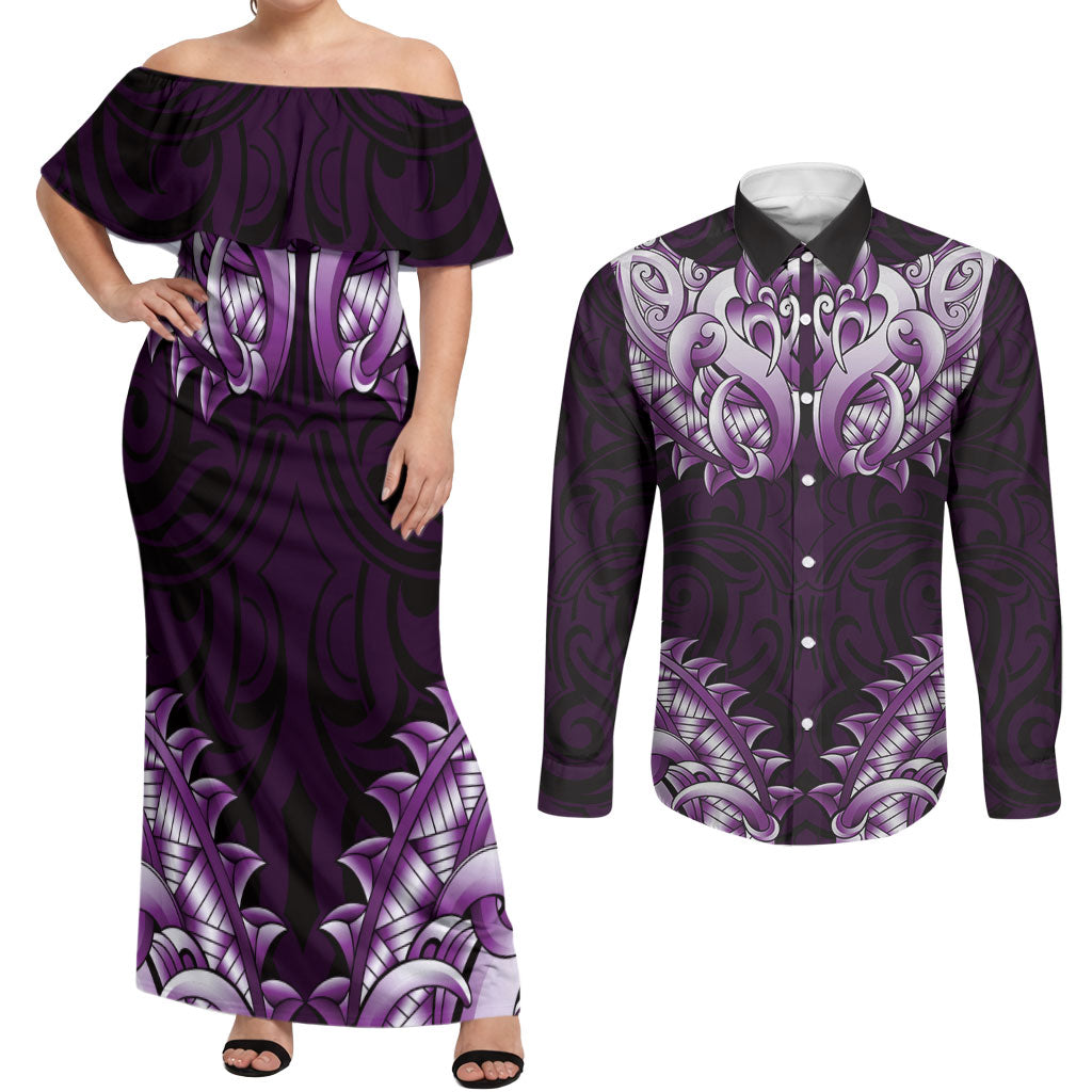 New Zealand Ta Moko Couples Matching Off Shoulder Maxi Dress and Long Sleeve Button Shirt Aotearoa Maori Chest Tattoo Purple LT14 Purple - Polynesian Pride
