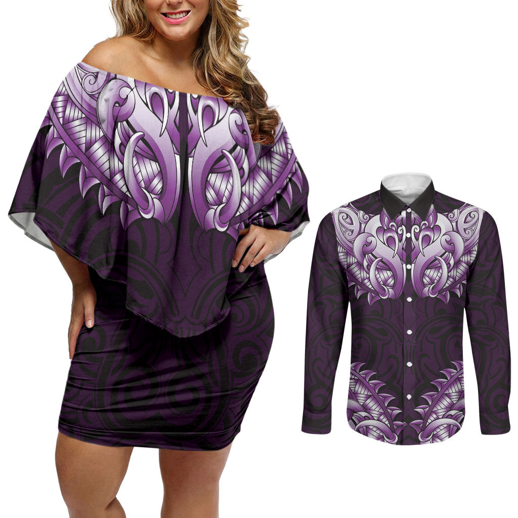 New Zealand Ta Moko Couples Matching Off Shoulder Short Dress and Long Sleeve Button Shirt Aotearoa Maori Chest Tattoo Purple LT14 Purple - Polynesian Pride