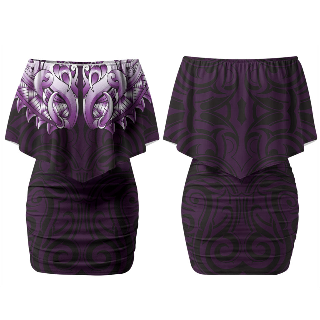 New Zealand Ta Moko Couples Matching Off Shoulder Short Dress and Long Sleeve Button Shirt Aotearoa Maori Chest Tattoo Purple