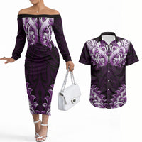 New Zealand Ta Moko Couples Matching Off The Shoulder Long Sleeve Dress and Hawaiian Shirt Aotearoa Maori Chest Tattoo Purple