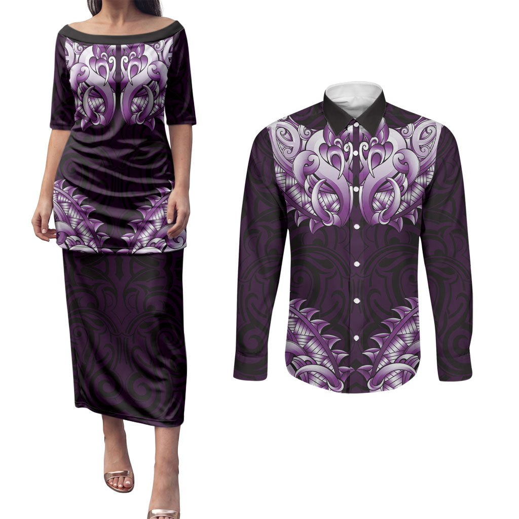 New Zealand Ta Moko Couples Matching Puletasi and Long Sleeve Button Shirt Aotearoa Maori Chest Tattoo Purple LT14 Purple - Polynesian Pride
