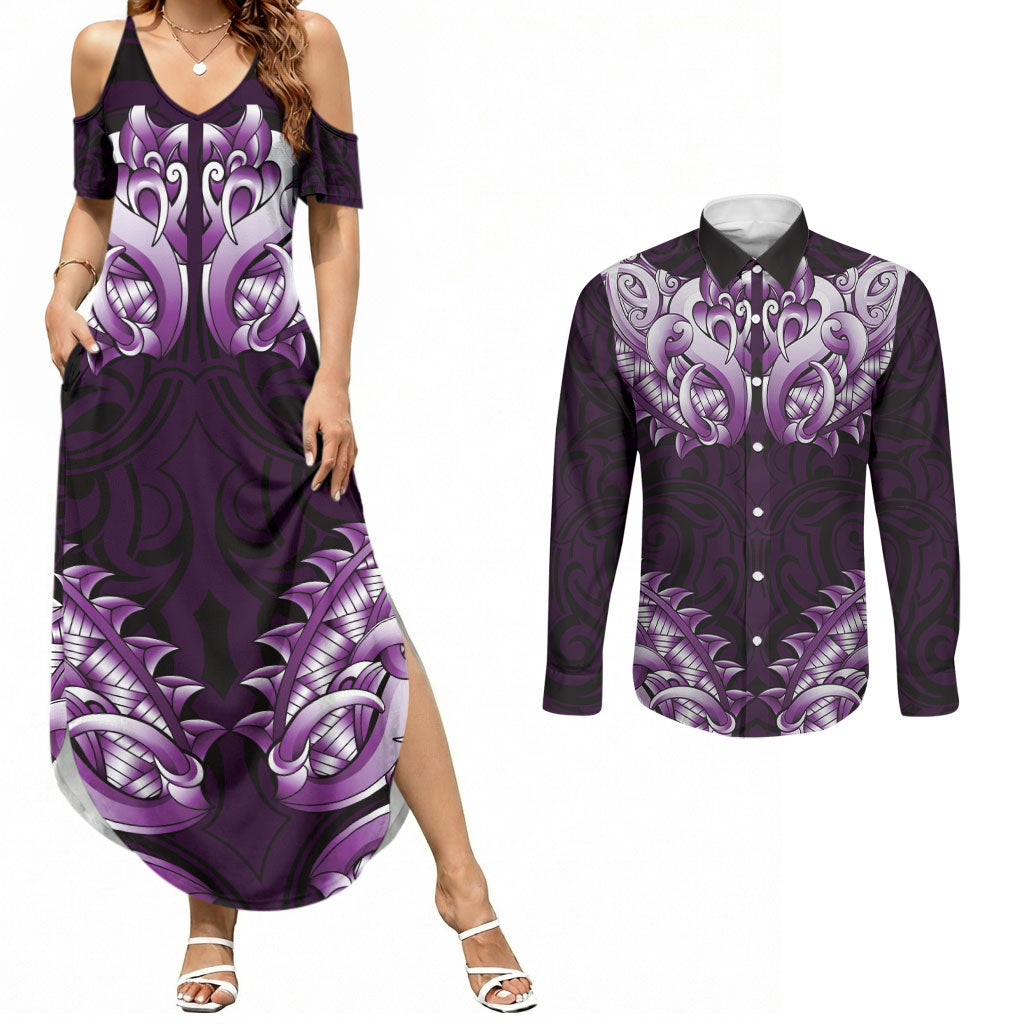 New Zealand Ta Moko Couples Matching Summer Maxi Dress and Long Sleeve Button Shirt Aotearoa Maori Chest Tattoo Purple LT14 Purple - Polynesian Pride