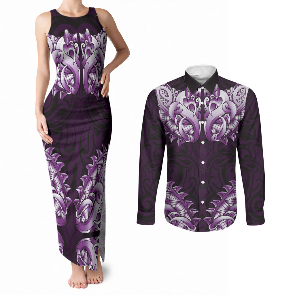 New Zealand Ta Moko Couples Matching Tank Maxi Dress and Long Sleeve Button Shirt Aotearoa Maori Chest Tattoo Purple LT14 Purple - Polynesian Pride