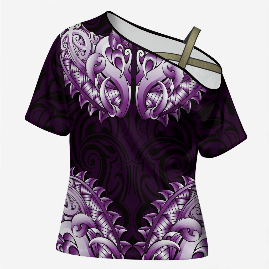 New Zealand Ta Moko Cross Shoulder Shirt Aotearoa Maori Chest Tattoo Purple LT14 Female Purple - Polynesian Pride