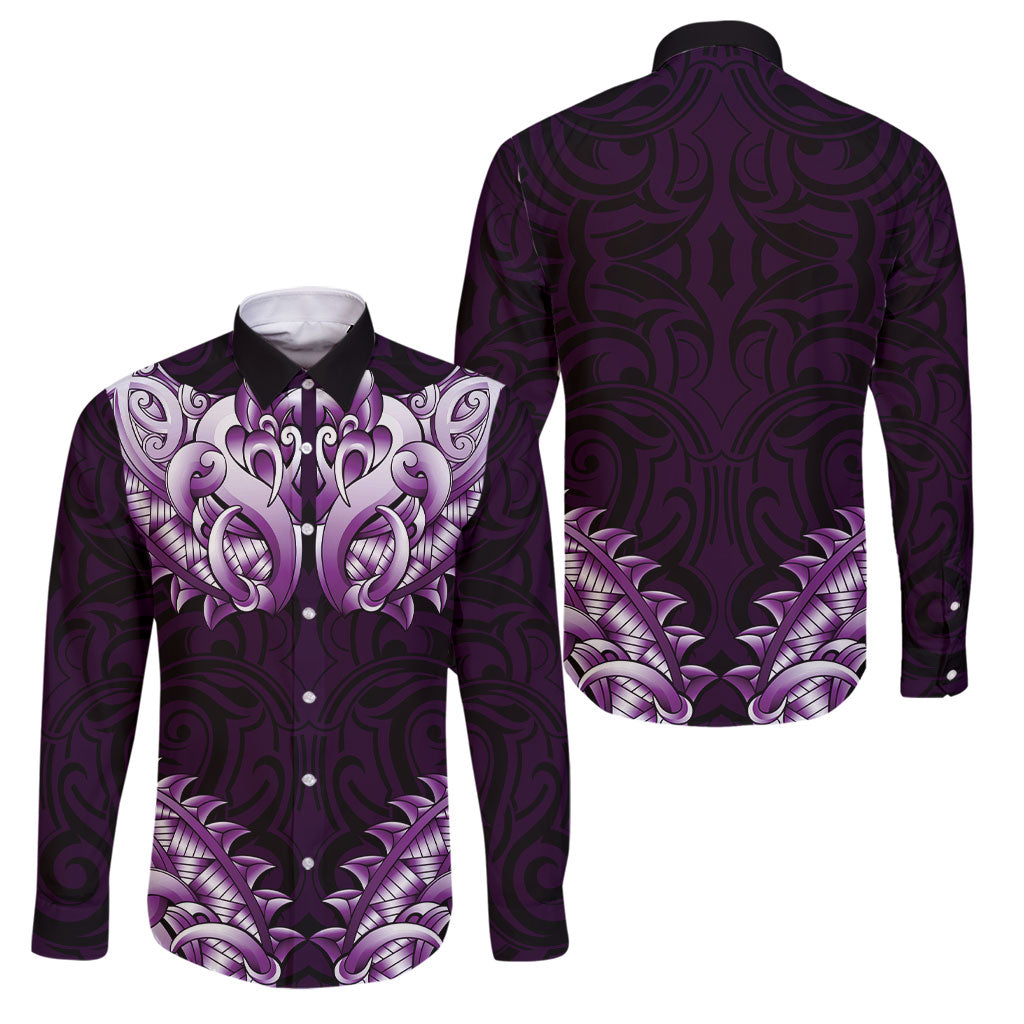 New Zealand Ta Moko Family Matching Off Shoulder Maxi Dress and Hawaiian Shirt Aotearoa Maori Chest Tattoo Purple