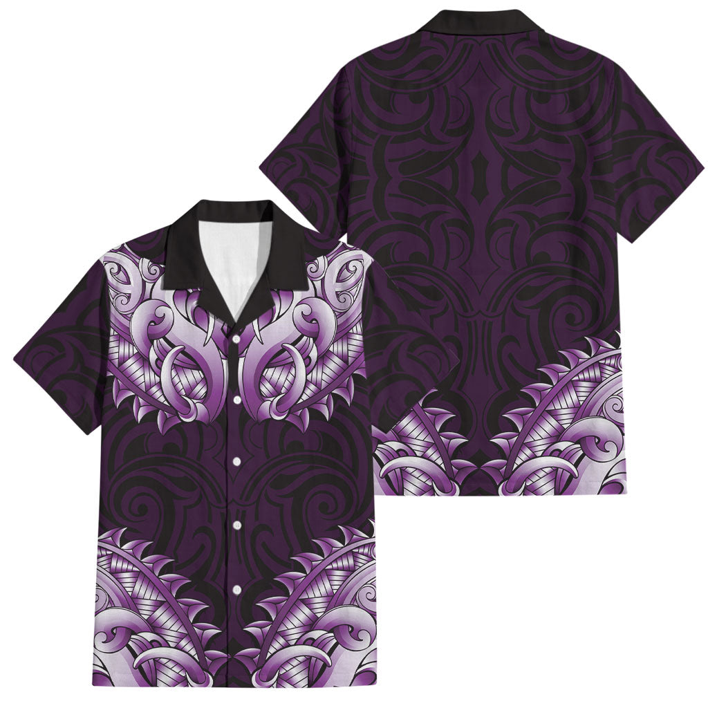 New Zealand Ta Moko Family Matching Puletasi and Hawaiian Shirt Aotearoa Maori Chest Tattoo Purple