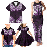 New Zealand Ta Moko Family Matching Tank Maxi Dress and Hawaiian Shirt Aotearoa Maori Chest Tattoo Purple