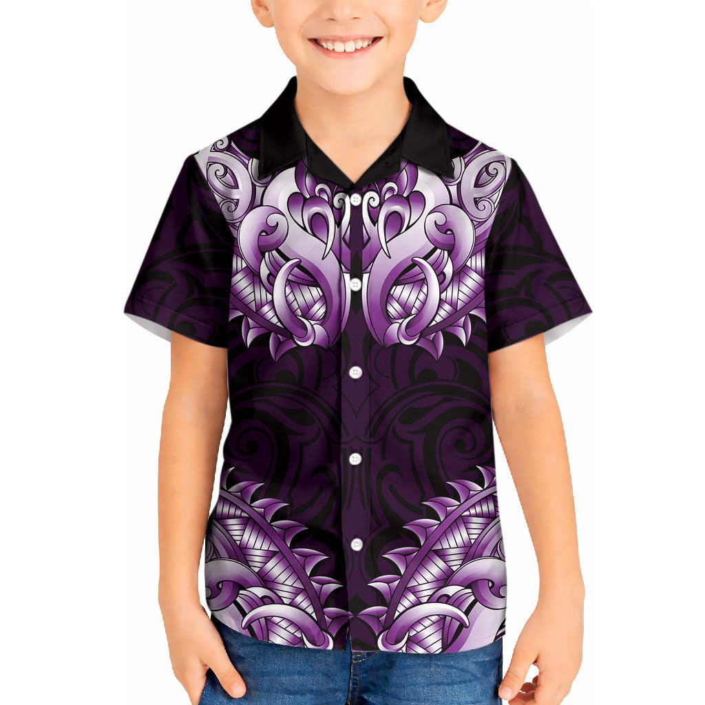 New Zealand Ta Moko Kid Hawaiian Shirt Aotearoa Maori Chest Tattoo Purple LT14 Kid Purple - Polynesian Pride
