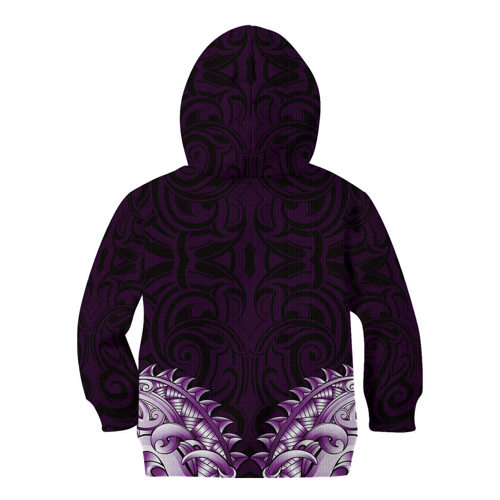 New Zealand Ta Moko Kid Hoodie Aotearoa Maori Chest Tattoo Purple