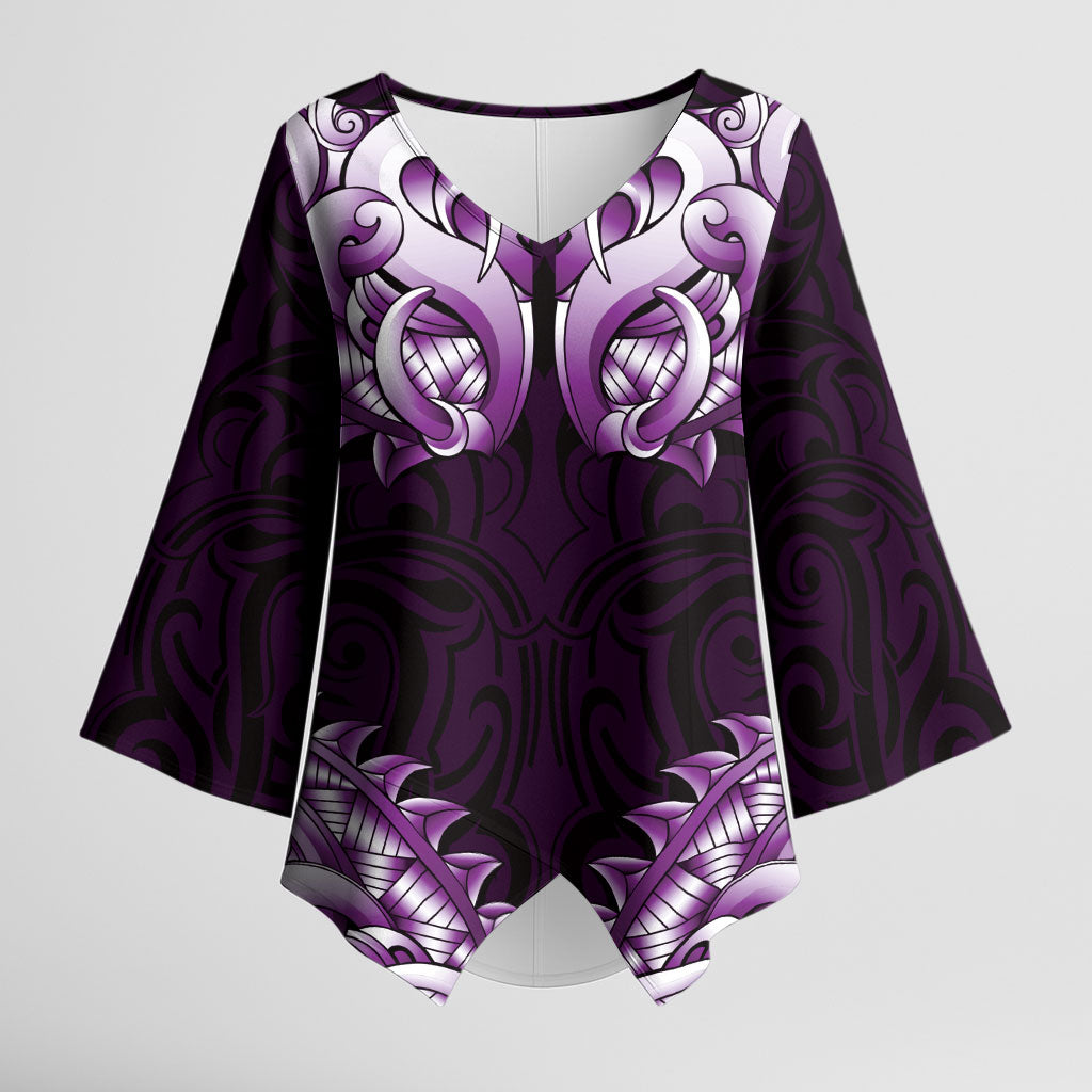 New Zealand Ta Moko Kimono Sleeve Blouse Aotearoa Maori Chest Tattoo Purple LT14 Female Purple - Polynesian Pride