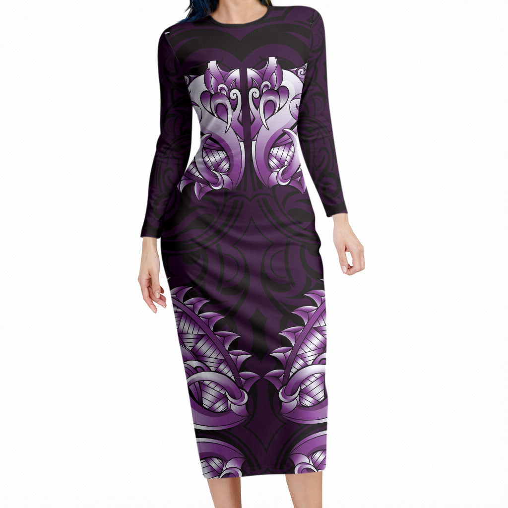 New Zealand Ta Moko Long Sleeve Bodycon Dress Aotearoa Maori Chest Tattoo Purple LT14 Long Dress Purple - Polynesian Pride