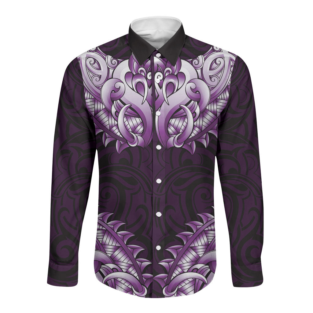 New Zealand Ta Moko Long Sleeve Button Shirt Aotearoa Maori Chest Tattoo Purple LT14 Unisex Purple - Polynesian Pride