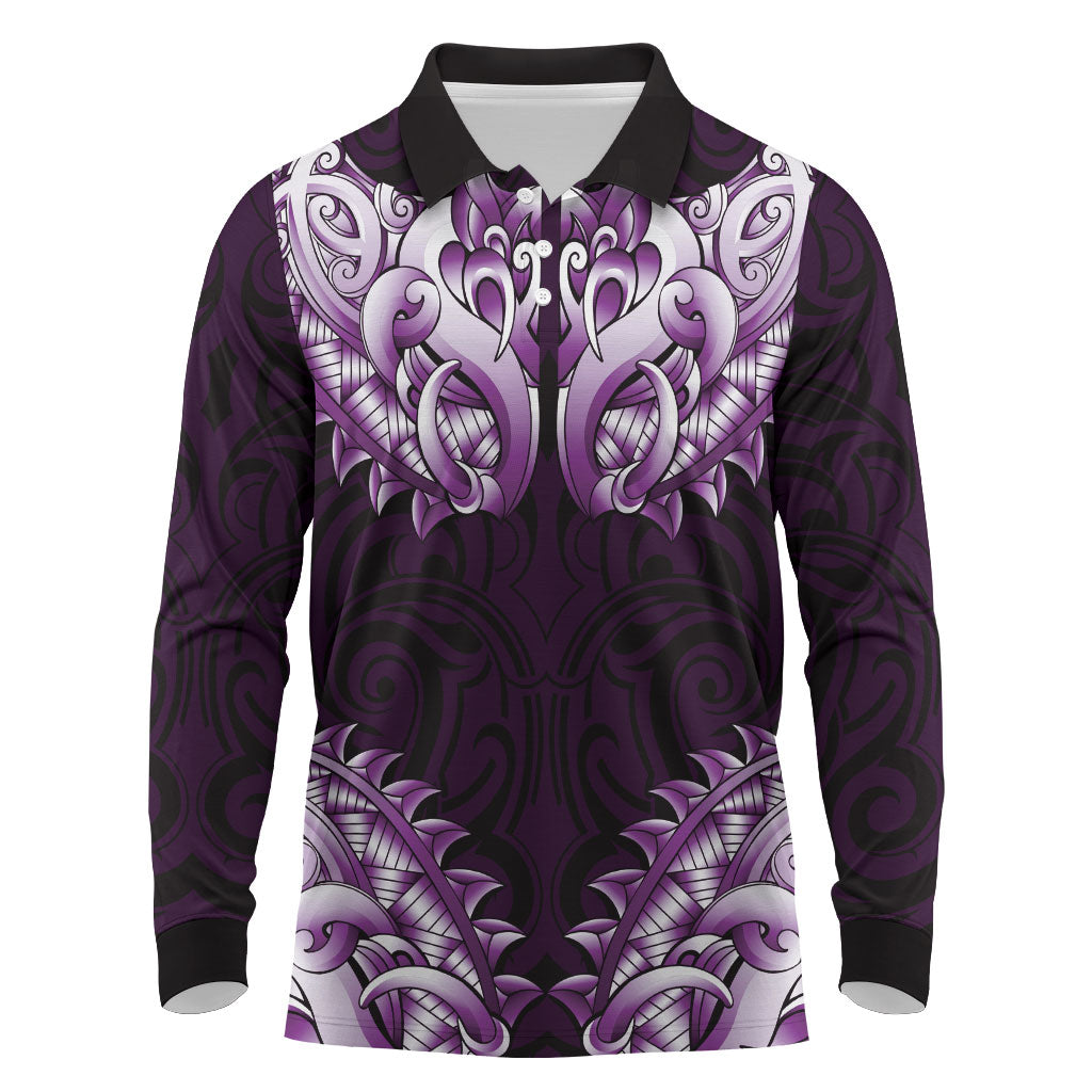 New Zealand Ta Moko Long Sleeve Polo Shirt Aotearoa Maori Chest Tattoo Purple LT14 Purple - Polynesian Pride