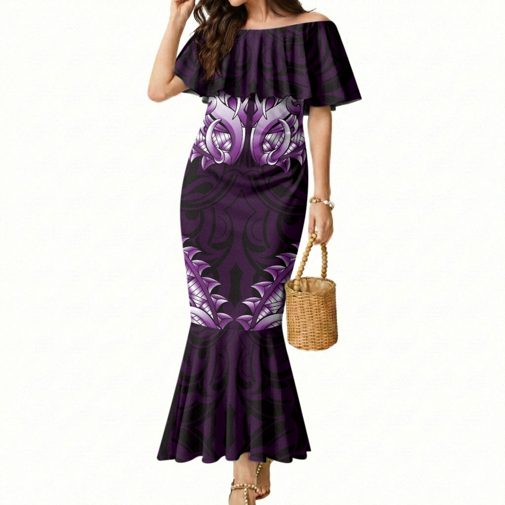 New Zealand Ta Moko Mermaid Dress Aotearoa Maori Chest Tattoo Purple LT14 Women Purple - Polynesian Pride