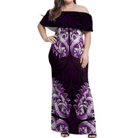 New Zealand Ta Moko Off Shoulder Maxi Dress Aotearoa Maori Chest Tattoo Purple