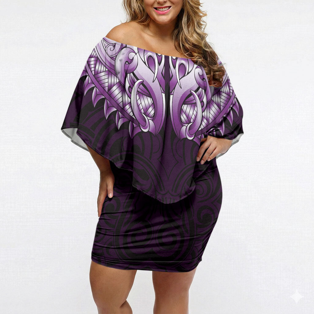 New Zealand Ta Moko Off Shoulder Short Dress Aotearoa Maori Chest Tattoo Purple LT14 Women Purple - Polynesian Pride