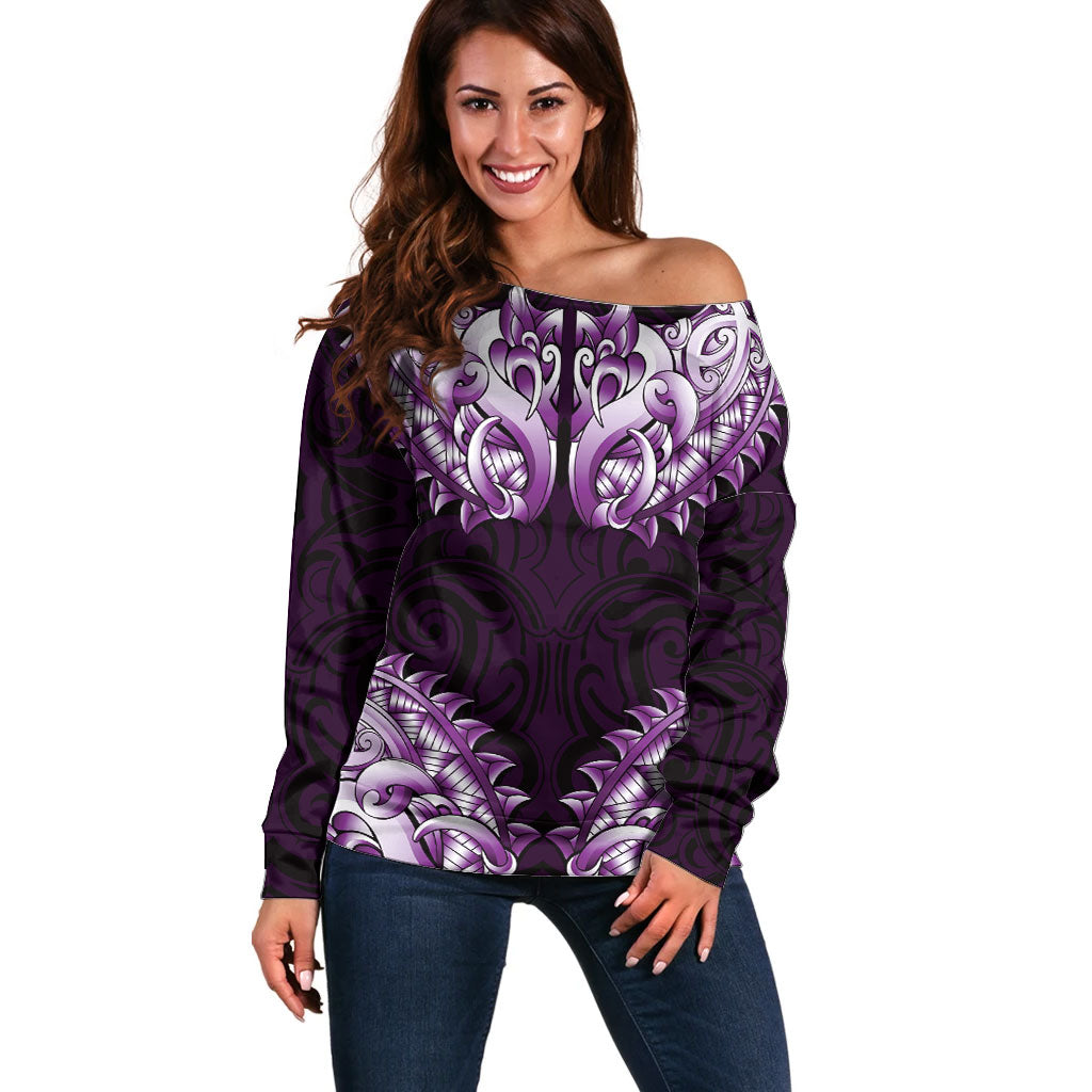 New Zealand Ta Moko Off Shoulder Sweater Aotearoa Maori Chest Tattoo Purple LT14 Women Purple - Polynesian Pride
